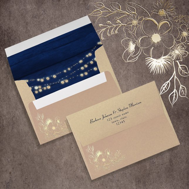 Navy String Lights Rustic Wedding Envelope (Creator Uploaded)