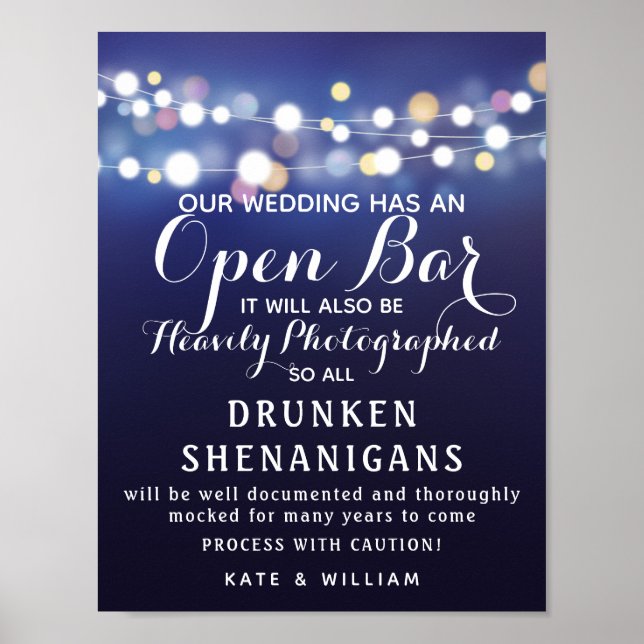 Navy String of lights Open Bar wedding sign (Front)