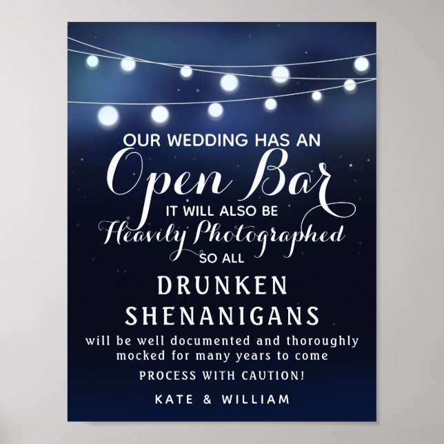 Navy String of lights Open Bar wedding sign (Front)