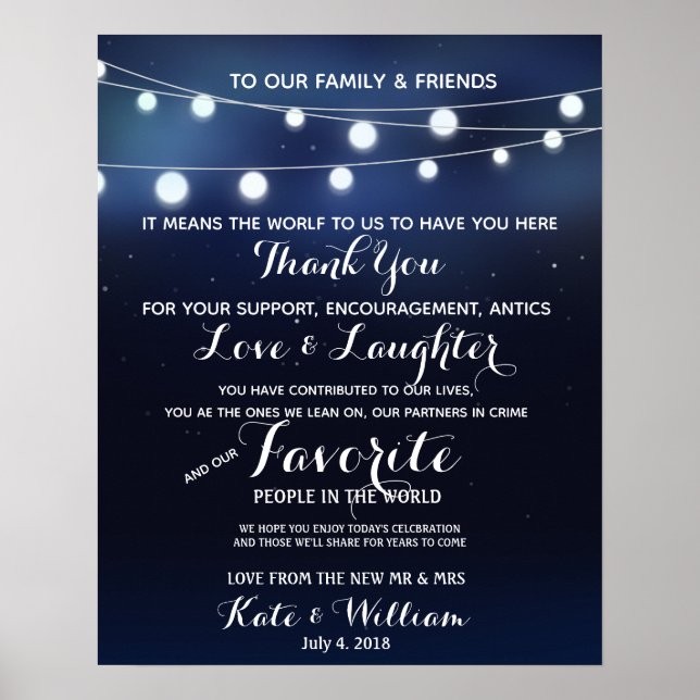 Navy string of lights Thank you wedding sign (Front)