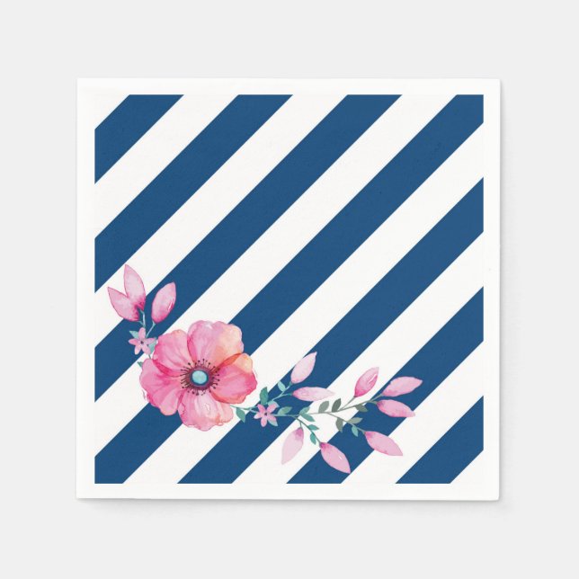 Navy Stripe and Pink Floral Napkin (Front)
