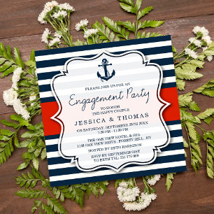 Navy Stripe Nautical Anchor Engagement Party Invitation