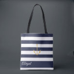 Navy Stripe Nautical Anchor Personalised Tote Bag<br><div class="desc">Nautical anchor on navy blue and white stripe background,  personalised bridal party tote bag. Personalise text,  font style,  colour and size. Stripes shown in navy blue can be customised to your choice of colour.</div>