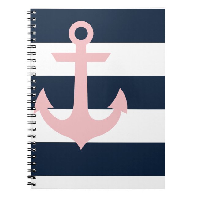 Navy Stripe Notebook - Anchor - Coral (Front)
