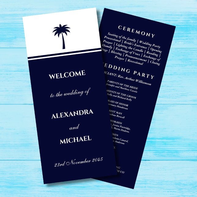 Navy Stripe Palm Tree Minimalist Coastal Wedding Programme (Creator Uploaded)