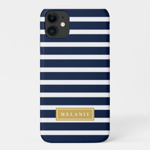 Navy Stripe Pattern Gold Name Template Case-Mate iPhone Case