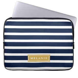 Navy Stripe Pattern Gold Name Template Laptop Sleeve