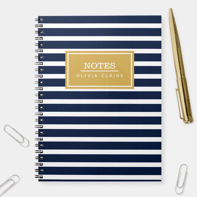 Navy Stripe Pattern Gold Name Template Spiral Notebook (Creator Uploaded)