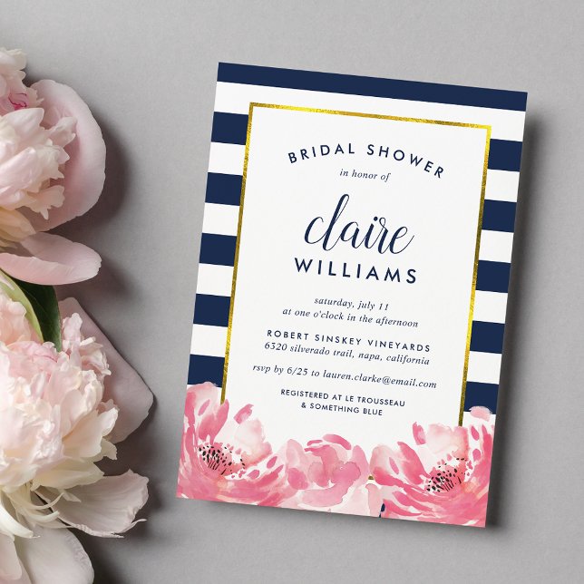Navy Stripe & Pink Peony Bridal Shower Invitation (Creator Uploaded)