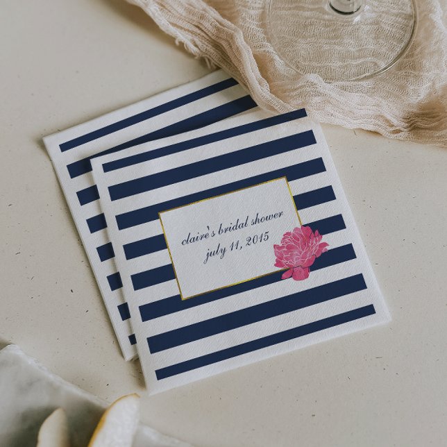 Navy Stripe & Pink Peony Bridal Shower Napkin (Creator Uploaded)
