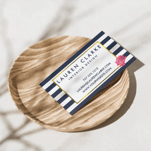 Navy Stripe & Pink Peony Business Cards