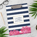 Navy Stripe & Pink Peony Clipboard<br><div class="desc">This clipboard features a bold navy blue and white stripe background,  faux gold border,  and a pretty pink peony in soft watercolors. Coordinates with our Navy Stripe & Pink Peony office supplies,  paper products,  and accessories. Customise with a monogram,  name or text of your choice!</div>