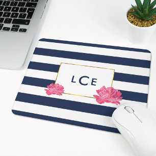 Navy Stripe & Pink Peony Monogram Mousepad