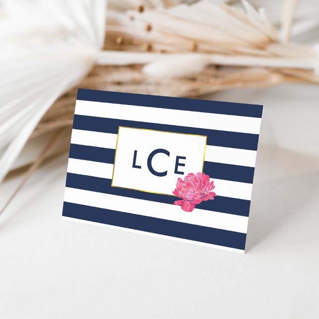 Navy Stripe & Pink Peony Monogram Note Cards (Creator Uploaded)