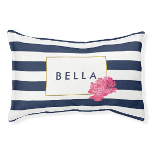 Navy Stripe & Pink Peony Personalised Dog Bed