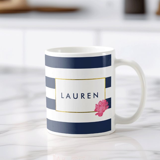 Navy Stripe & Pink Peony Personalised Mug (Creator Uploaded)