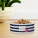 Navy Stripe & Pink Peony Personalised Pet Bowl<br><div class="desc">Pamper your pooch! This pet bowl features a bold navy blue and white stripe background,  faux gold border,  and a pretty pink peony in soft watercolors. Coordinates with our Navy Stripe & Pink Peony office supplies,  paper products,  and accessories. Customise with a monogram,  name or text of your choice!</div>