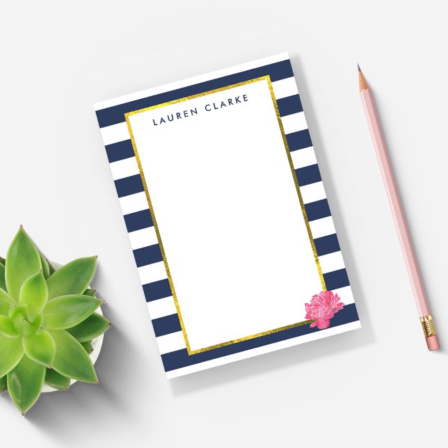 Navy Stripe & Pink Peony Personalised Post-it Notes (Creator Uploaded)