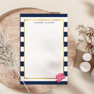 Navy Stripe & Pink Peony Personalised Stationery