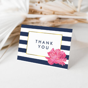 Navy Stripe & Pink Peony Thank You Cards