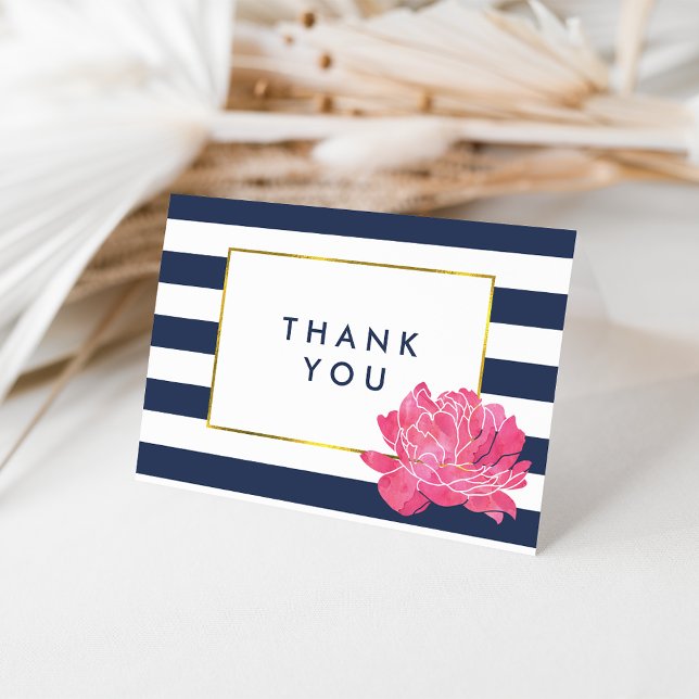 Navy Stripe & Pink Peony Thank You Cards (Creator Uploaded)