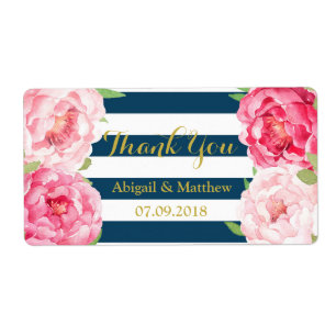 Navy Stripe Pink Watercolor Floral Wedding Labels
