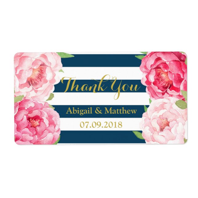 Navy Stripe Pink Watercolor Floral Wedding Labels (Front)