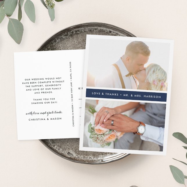 Navy Stripe | Wedding Photo Thank You Postcard (Creator Uploaded)