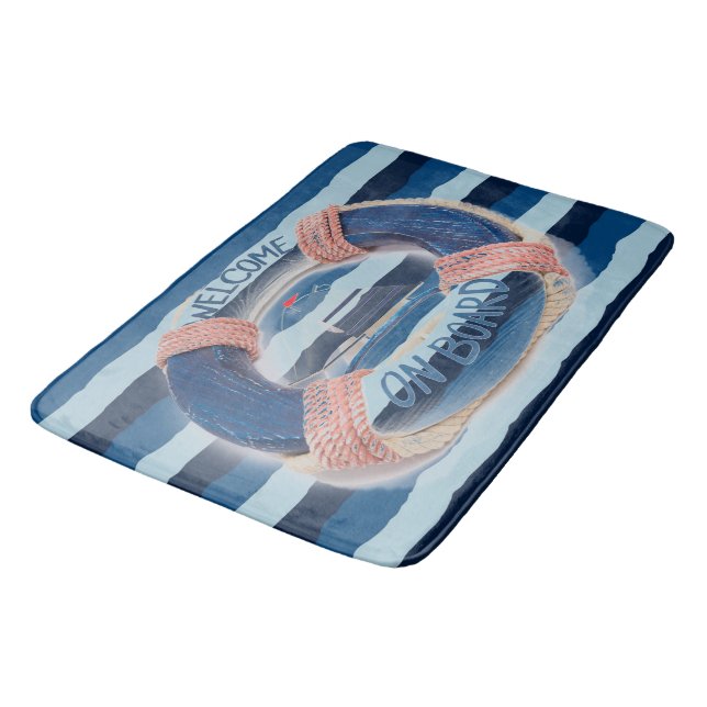  Navy Stripe Welcome on Board Wave Life Buoy   Bath Mat (Angled)