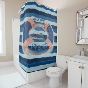 Navy Stripe Welcome on Board Wave Life Buoy  Shower Curtain