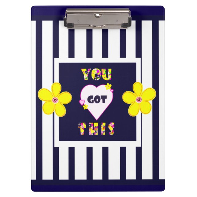 Navy Striped Bright Yellow Art Flower Clipboard (Front)