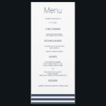 Navy Striped Wedding Dinner Menu Cards<br><div class="desc">Modern and elegant design printed Navy Blue Striped Wedding Dinner Menu Cards that can be customised with your text. Check out the Graphic Art Design store for other products that match this design!</div>