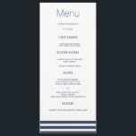Navy Striped Wedding Dinner Menu Cards<br><div class="desc">Modern and elegant design printed Navy Blue Striped Wedding Dinner Menu Cards that can be customised with your text. Check out the Graphic Art Design store for other products that match this design!</div>