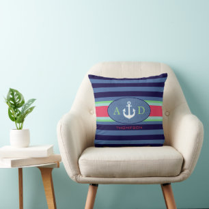 navy stripes, anchor & initials, custom nautical cushion