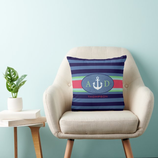 navy stripes, anchor & initials, custom nautical cushion (Chair)