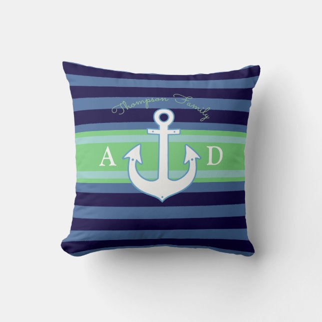 navy stripes, anchor & initials, nautical cushion (Front)