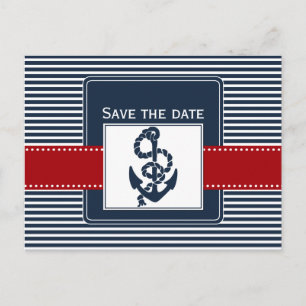 navy stripes, anchor, nautical save the date announcement postcard