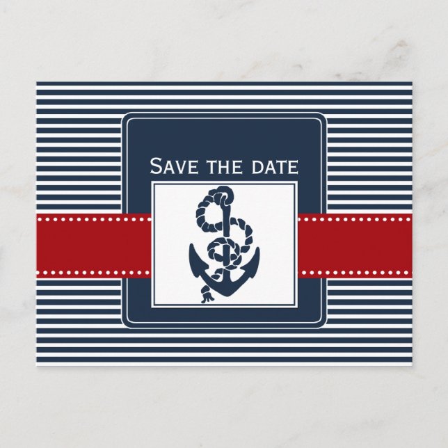navy stripes, anchor, nautical save the date announcement postcard (Front)