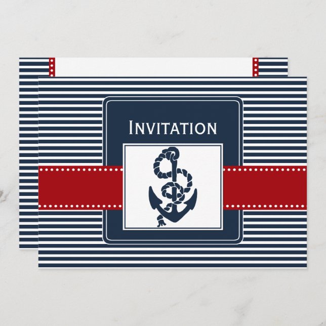 navy stripes, anchor, nautical wedding invites (Front/Back)