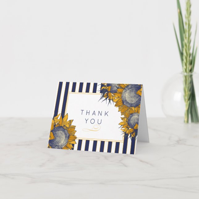 Navy Stripes and Sunflowers Thank You Card (Front)