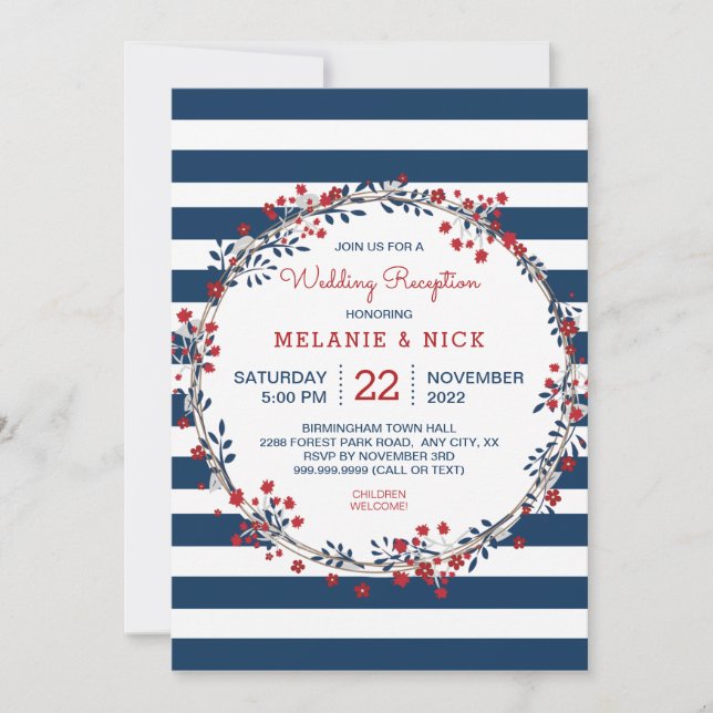 Navy Stripes floral wedding reception party invite (Front)