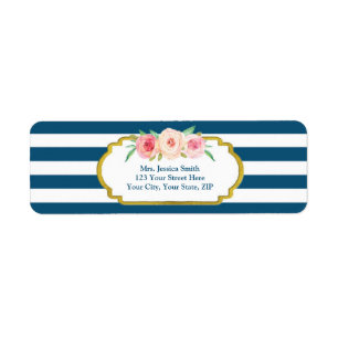 Navy Stripes Gold Pink Floral Return Address Label