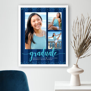 Navy Stripes Grad 3 Photo Turquoise Glitter Script Poster