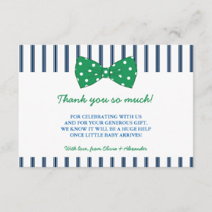 Navy Stripes & Green Bow Baby Shower Thank You Card