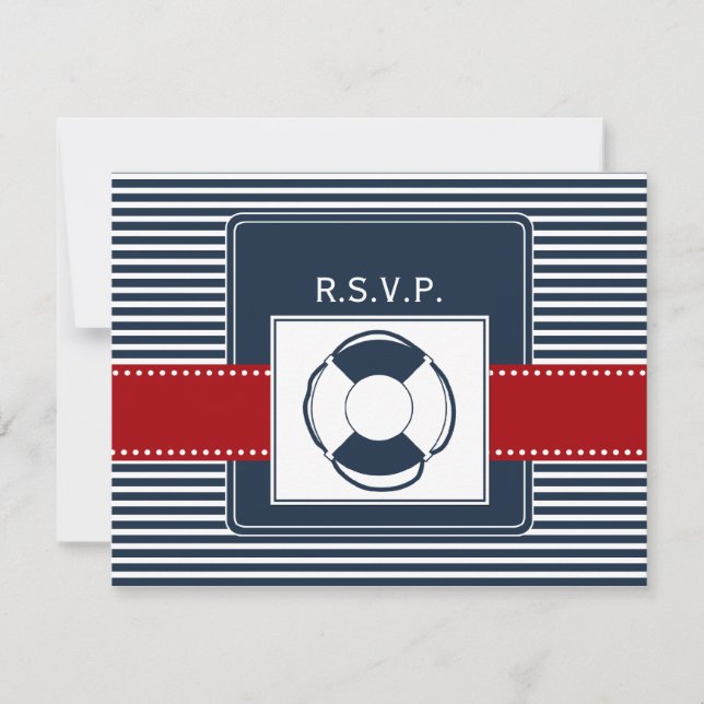navy stripes, lifebuoy, nautical wedding rsvp card (Front)