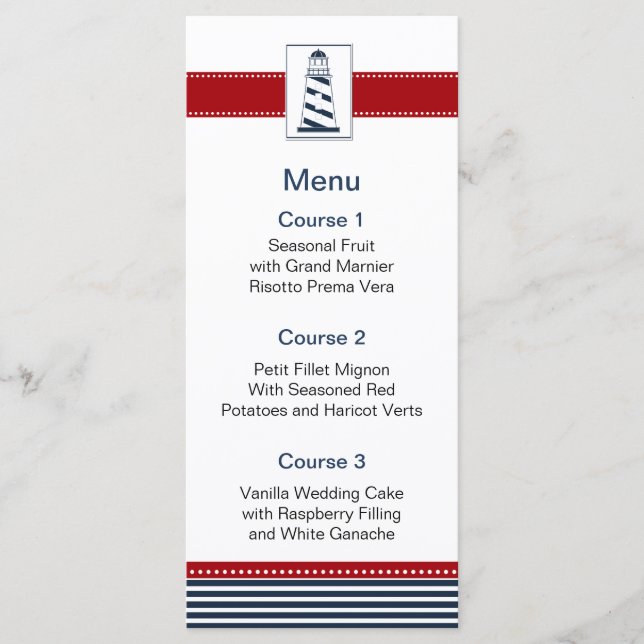 navy stripes,lighthouse, nautical menu cards (Front)