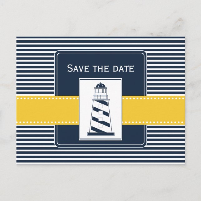 navy stripes,lighthouse, nautical save the date announcement postcard (Front)