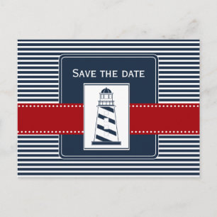 navy stripes,lighthouse, nautical save the date announcement postcard
