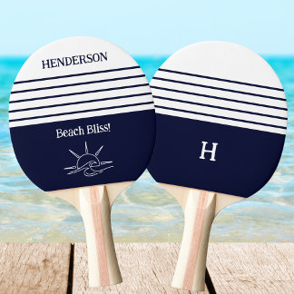 Navy Stripes Monogram Family Nautical Ping Pong Paddle
