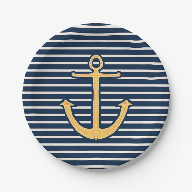Navy Stripes Nautical Anchor Paper Plate (Front)